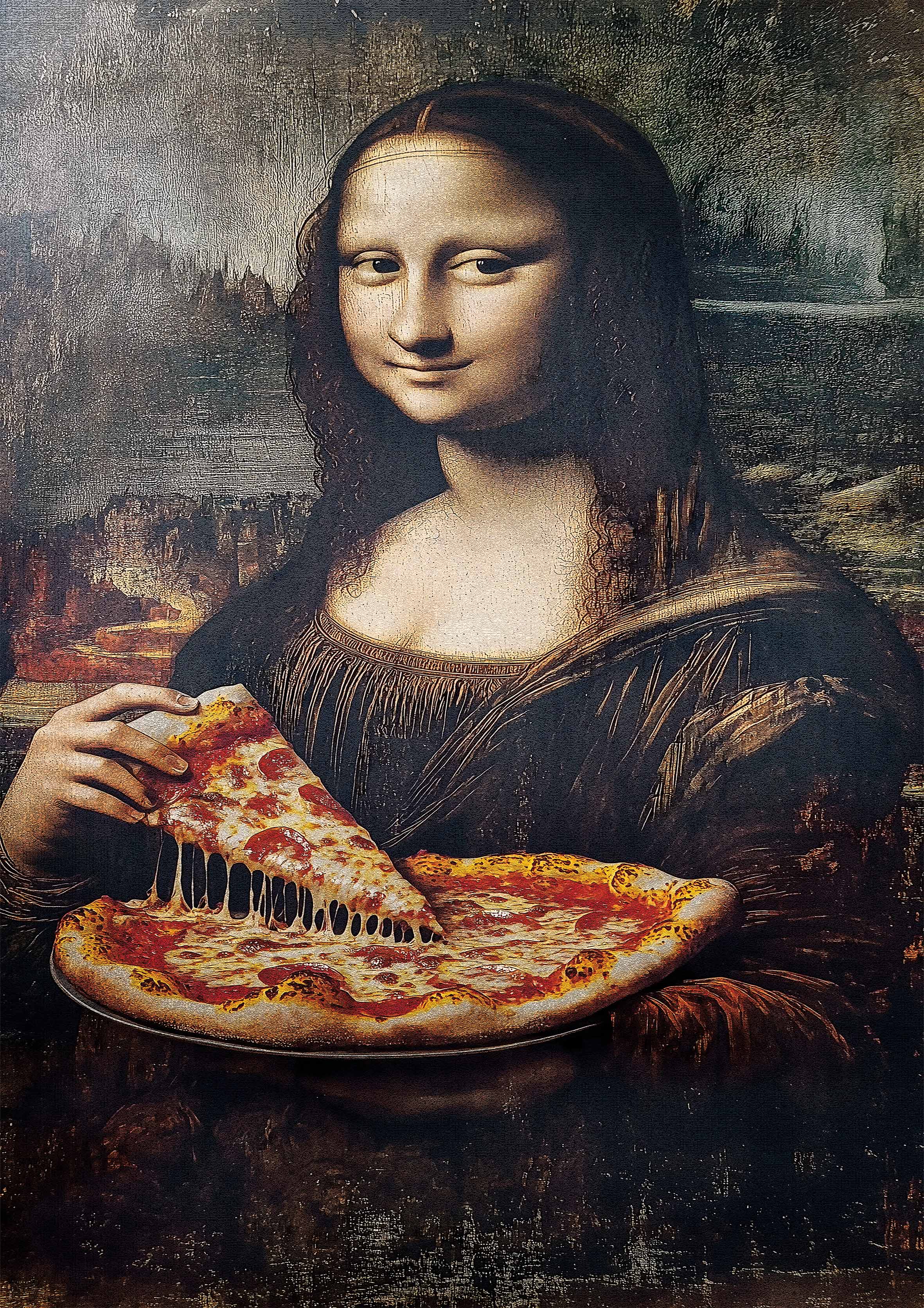 Mona Lisa Eating Pizza metal poster artwork